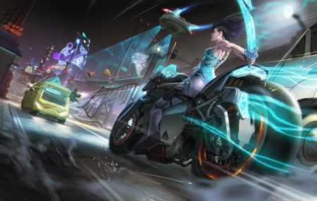 :-) - motorcycle, fantasy, leo shang hai, blue, girl, luminos