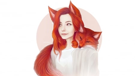 Fox - vulpe, fox, girl, frumusete, fantasy, redhead, noel sundstrom, art, luminos