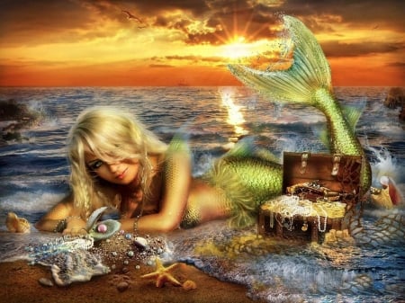 Mermaid's Treasure - pretty, girl, fantasy, siren, mermaid, digital, woman, art, wallpaper