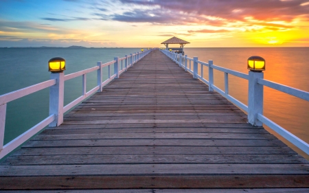 Golden Sunset - sunset, ocean, lights, bridge