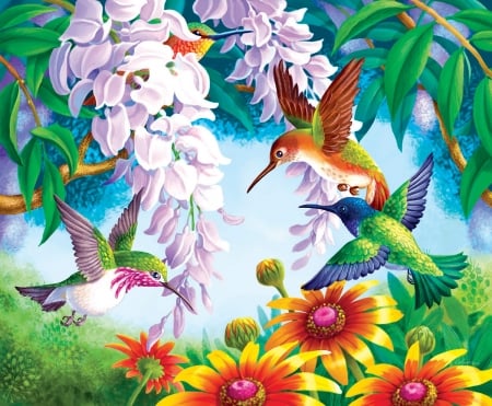 Hummingbirds Feeding - colorful, birds, puzzle, humming