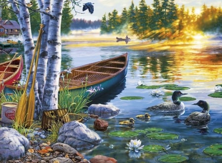 Lake Side Morning - lakes, fishing, boats, puzzle