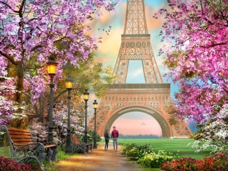 Sprintime Romance in Paris - trees, blossoms, artwork, pair, blooming, eiffel tower, flowers, digital, bench, france, lamps