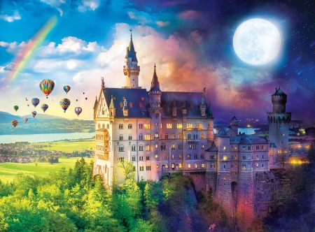 Evening at the Castle - moon, puzzle, full, dusk, castle