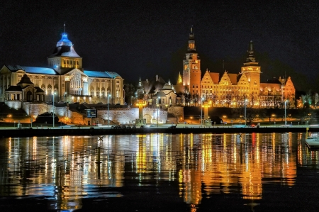 Szczecin, Poland - reflections, river, lights, city, night, buildings