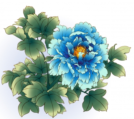 Peony - peony, blue, green, chinese, leaf, flower, art, bujor