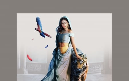 Jasmine - princess, hosne qanadelo, girl, jasmine, aladdin, fantasy, bird, pasari, parrot, luminos, tiger