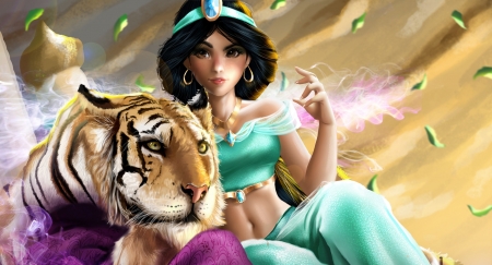 Jasmine and Rajah - jasmine, yellow, blue, rajah, girl, pink, tiger, aladdin, fantasy, princess, tigru