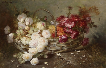 Flowers - painting, art, white rose, red, pictura, basket, flower