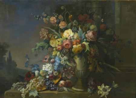 Flowers and fruits - vase, pictura, painting, fruit, flower, art, still life