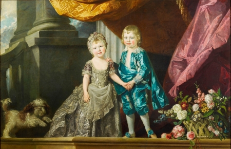 Royal Children - princess, couple, girl, copil, painting, art, children, pink, blue, boy, pictura, prince, flower