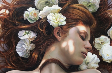 Sleeping beauty - white, painting, sleep, redhead, art, girl, pictura, flower