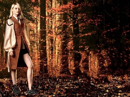 Emma Stone - emma, blouse, forest, wallpaper, 2019, model, beautiful, actress, hot, legs, skirt, emma stone, stone, shoes