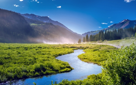 Morning at the River - mountains, sky, landscape, trees