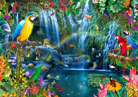 Tropics - flowers, parrots, birds, waterfall, butterflies, artwork