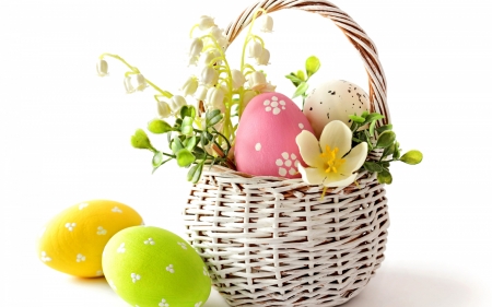 Happy Easter! - easter, pasti, basket, spring, yellow, pink, green, card, egg, flower