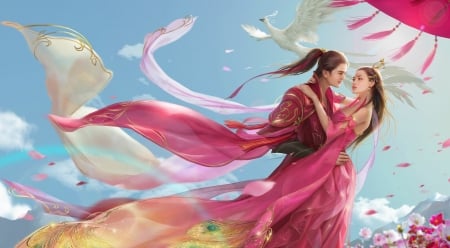 Breeze of love - fantasy, wind, lovers, man, luminos, petals, umbrella, feather, jianyachi l, couple, girl, frumusete, asian, bird, pasari, pink, blue