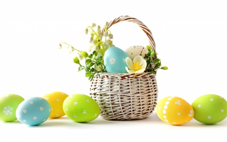 Happy Easter! - easter, basket, yellow, blue, green, egg, card, flower