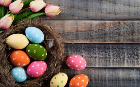 Happy Easter! - punk, colorful, easter, spring, wood, nest, blue, orange, green, card, tulip, egg, dot, flower