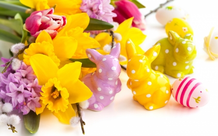 Happy Easter! - figurine, daffodil, easter, bunny, rabbit, yellow, red, pink, egg, dot, flower