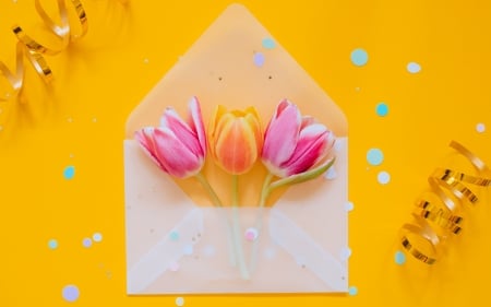 :-) - white, letter, yellow, card, tulip, flower, spring