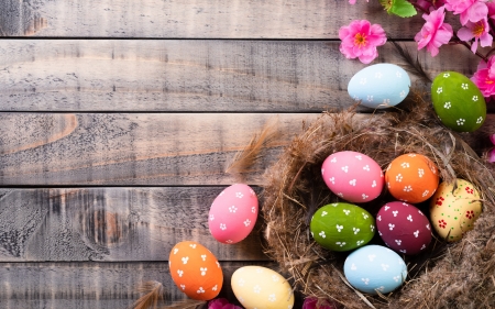 Happy Easter! - easter, colorful, wood, brown, nest, pink, blue, orange, green, egg, dot, flower