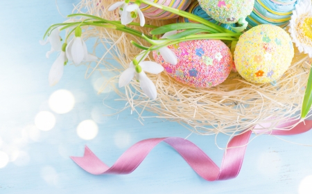 Happy Easter! - blue, spring, flower, pink, easter, snowdrop, nest, ribbon, egg, card