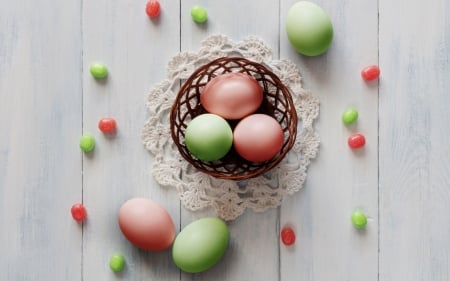 Happy Easter! - easter, white, nest, red, green, wood, egg, card