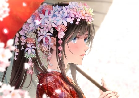 :-) - girl, red, umbrella, anime, akasaka asa, flower, manga