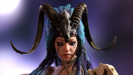 Demoness - face, rendering, girl, blue, fantasy, horns, demon