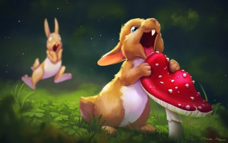 Bunny eating an Agaric - anna asker, rabbit, fantasy, mushroom, bunny, luminos, poison