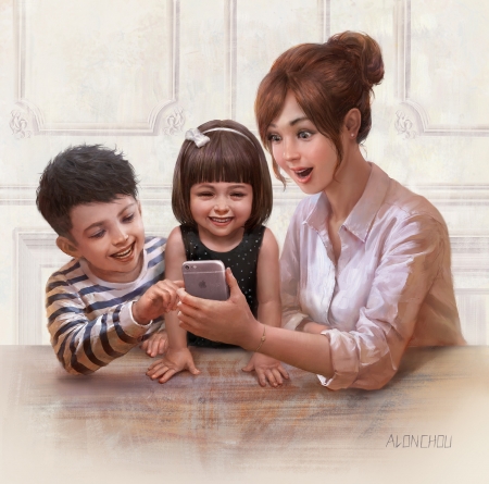 Family time - brother, children, copil, family, boy, fantasy, alin chou, hand, sister, mother, apple, phone, art, luminos