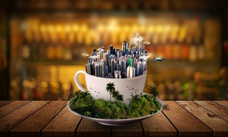 City in a Mug - airplane, palms, photography, manipulation, art, buildings