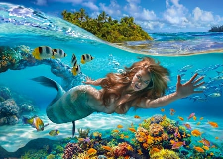 Happy Mermaid - pretty, girl, island, fantasy, underwater, digital, woman, art, wallpaper