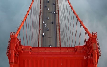 Birds Eye View - water, cars, road, altitude, san francisco, suspension, red, fog, steel, usa