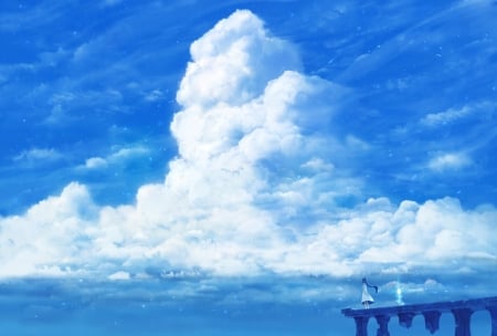 :-) - sky, bou nin, white, cloud, blue, anime, bounin, bridge, manga