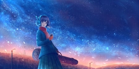 :-) - bou nin, anime, bounin, blue, girl, pink, stars, manga, instrument, red, sky