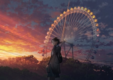 :-) - manga, anime, sunset, girl, mocha, park, sky, wheel