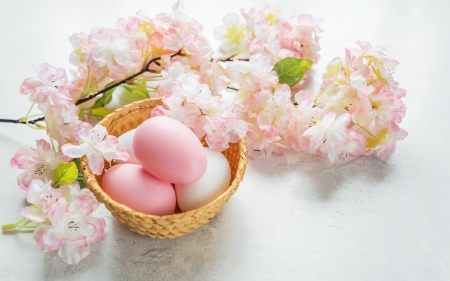 Happy Easter! - easter, basket, white, egg, flower, pink