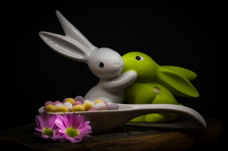 Happy Easter! - figurine, easter, bunny, black, white, rabbit, pink, green, egg, flower