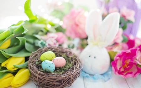 Happy Easter! - rabbit, blue, pink, bunny, easter, nest, figurine, egg, card