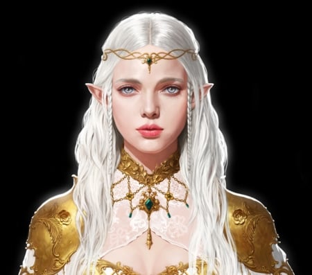 Elf princess - yellow, yuri choi, jewel, elf, frumusete, black, fantasy, white, princess, face, luminos