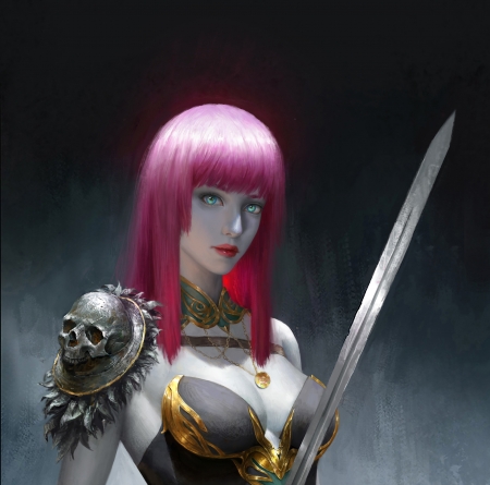 Warrior girl - yuanzhuo zhao, warrior, girl, sword, pink, hair, frumusete, fantasy, art, luminos