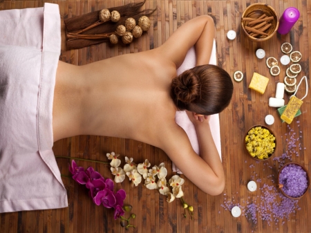 Relax body and mind - woman, treatment, salt, spa, flowers