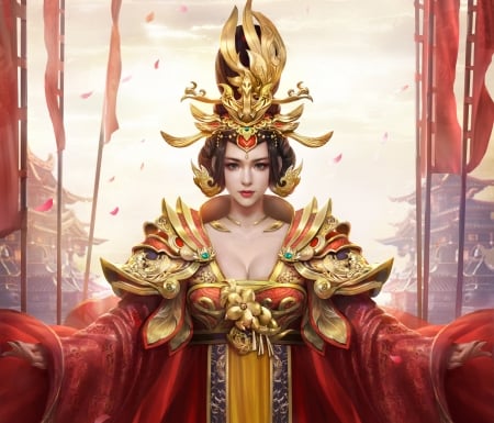 Empress - china, duang song, frumusete, asian, fantasy, empress, red, luminos, golden