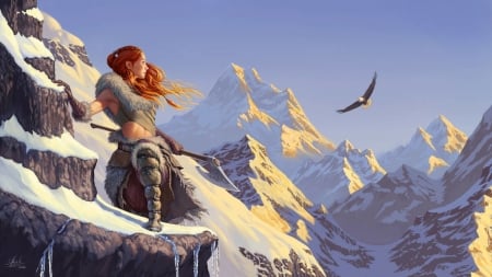 Morning light - morning, redhead, mountain, girl, light, iarna, winter, fantasy, bird, gloomywhisper, art, eagle, luminos