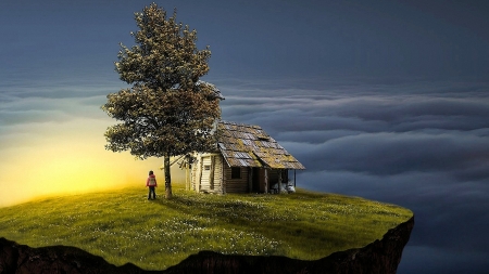 Lonesome - art, person, island, digital, tree, cabin