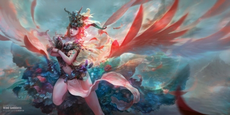 Wind goddess - girl, angel, wings, fantasy, art, luminos, pink, blue, wind goddess, antilous