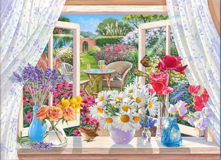 Summer Breeze - sill, window, curtains, bottle, opening, flowers, outdoors