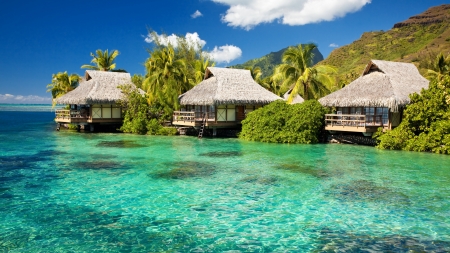 Over water bungalow with amazing resorts - polynesia, ocean, lagoon, holiday, outdoor, coast